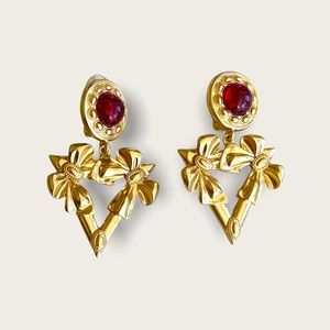 Saint Laurent YSL signed triangle bow red poured glass cabochon clip earrings